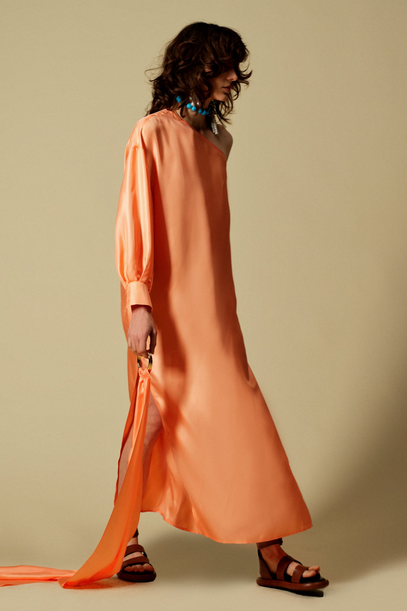 Patmos One Shoulder Silk Kaftan Dress with Sash Belt